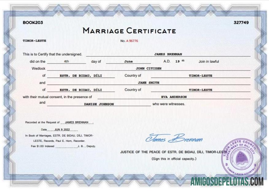 Em branco modelo Word e PDF de certidão de casamento de Timor Leste